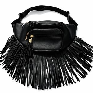 Black Fringe Belt Bag Gold Hardware Boho Festival Western Fanny Pack